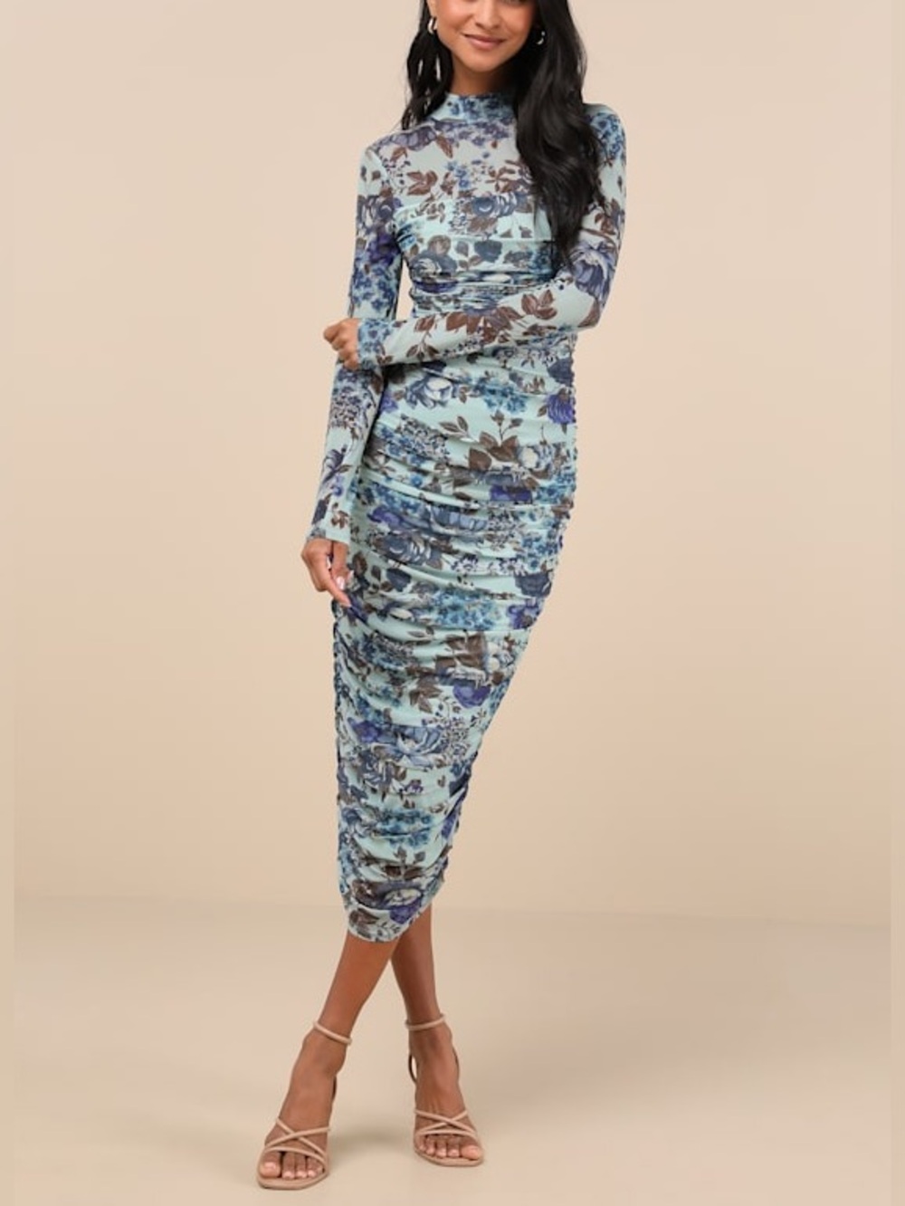 Lulus Impressive Flirt Blue Floral Mesh Ruched Mock Neck Midi Dress Size S NWT